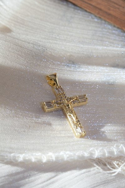 Baguette CZ Crucifix Pendant — Gold — edited real-life photo