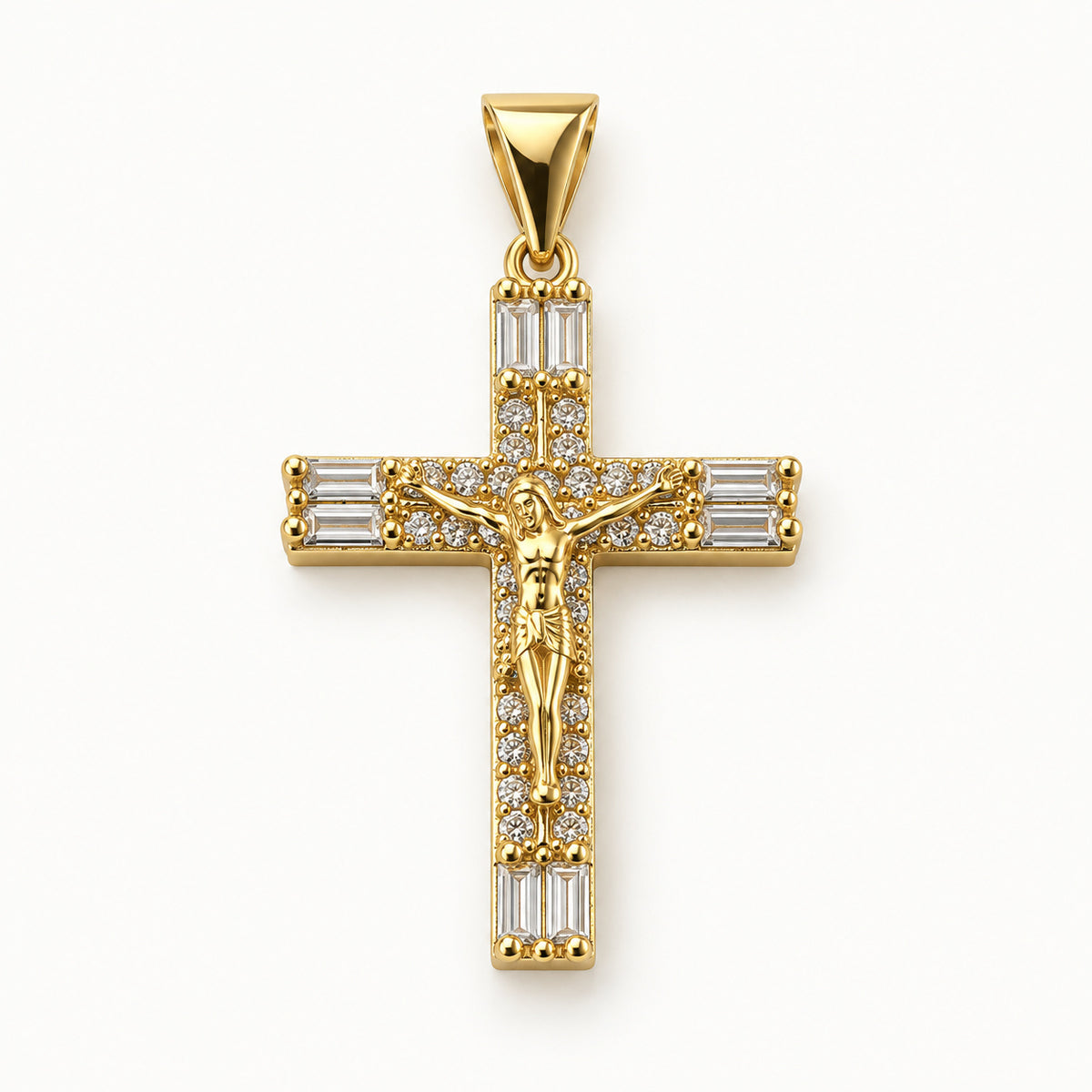 Baguette CZ Crucifix Pendant — Gold — white background