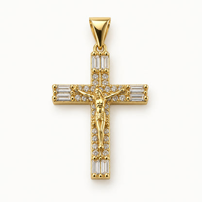Baguette CZ Crucifix Pendant — Gold — white background