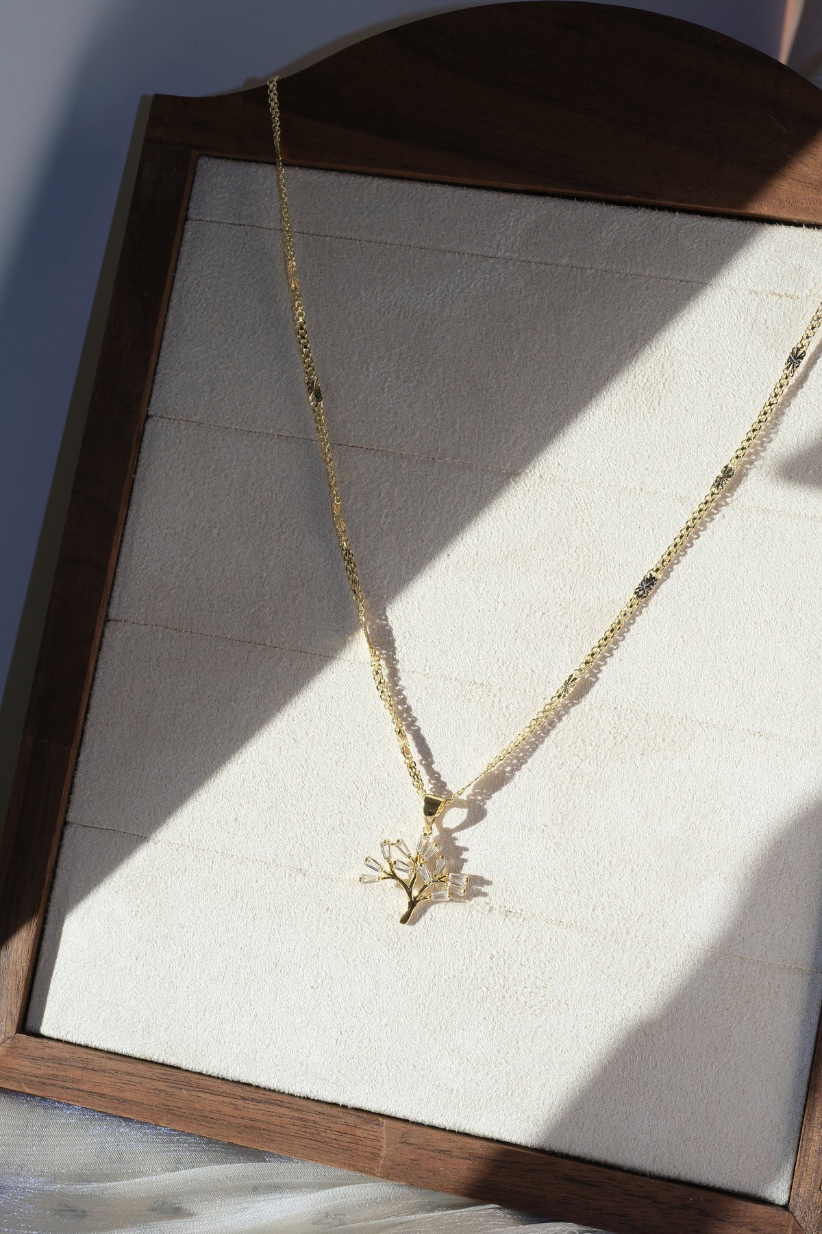 Baguette CZ Tree Pendant — Gold — edited real-life photo