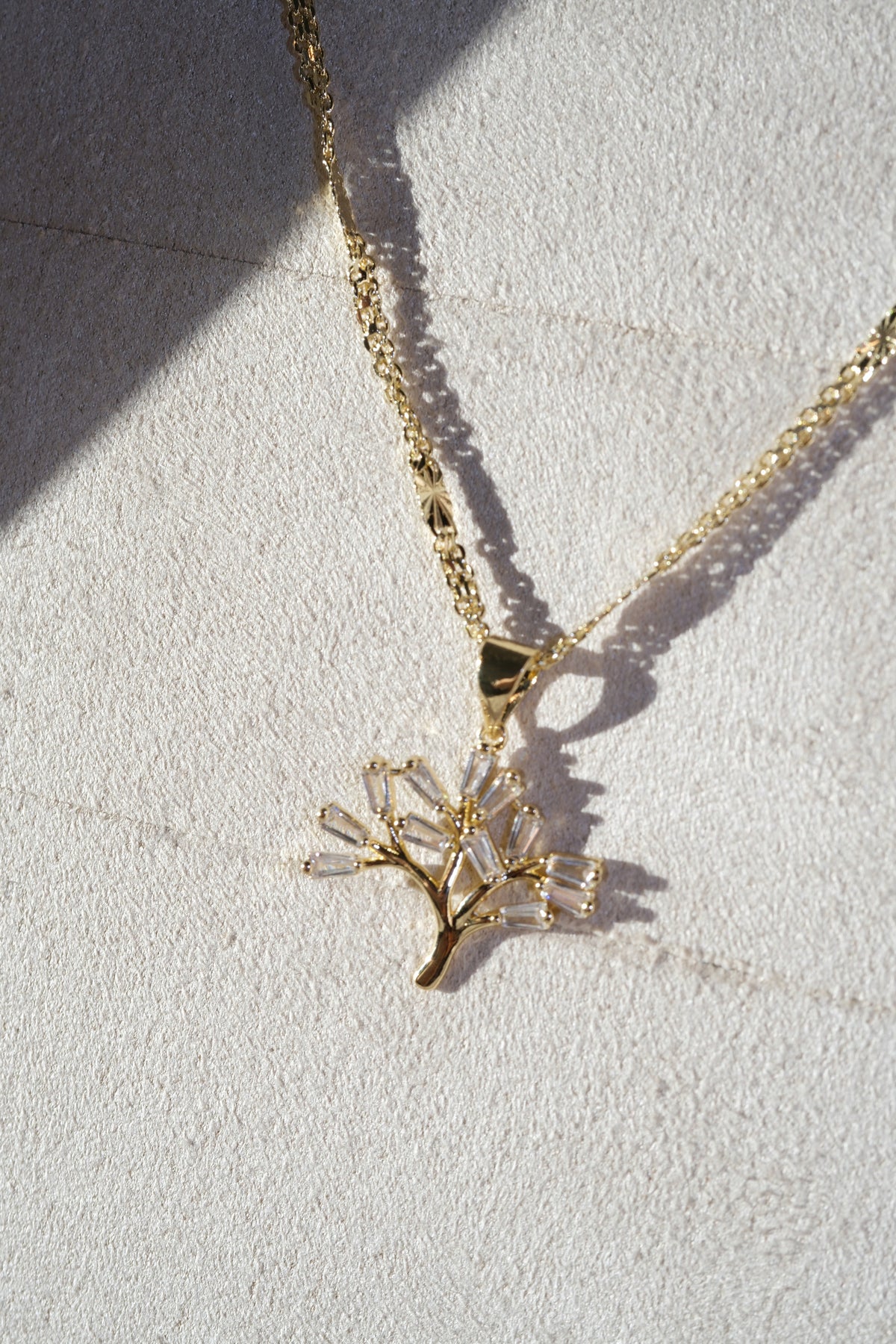Baguette CZ Tree Pendant — Gold — edited real-life photo