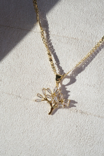 Baguette CZ Tree Pendant — Gold — edited real-life photo