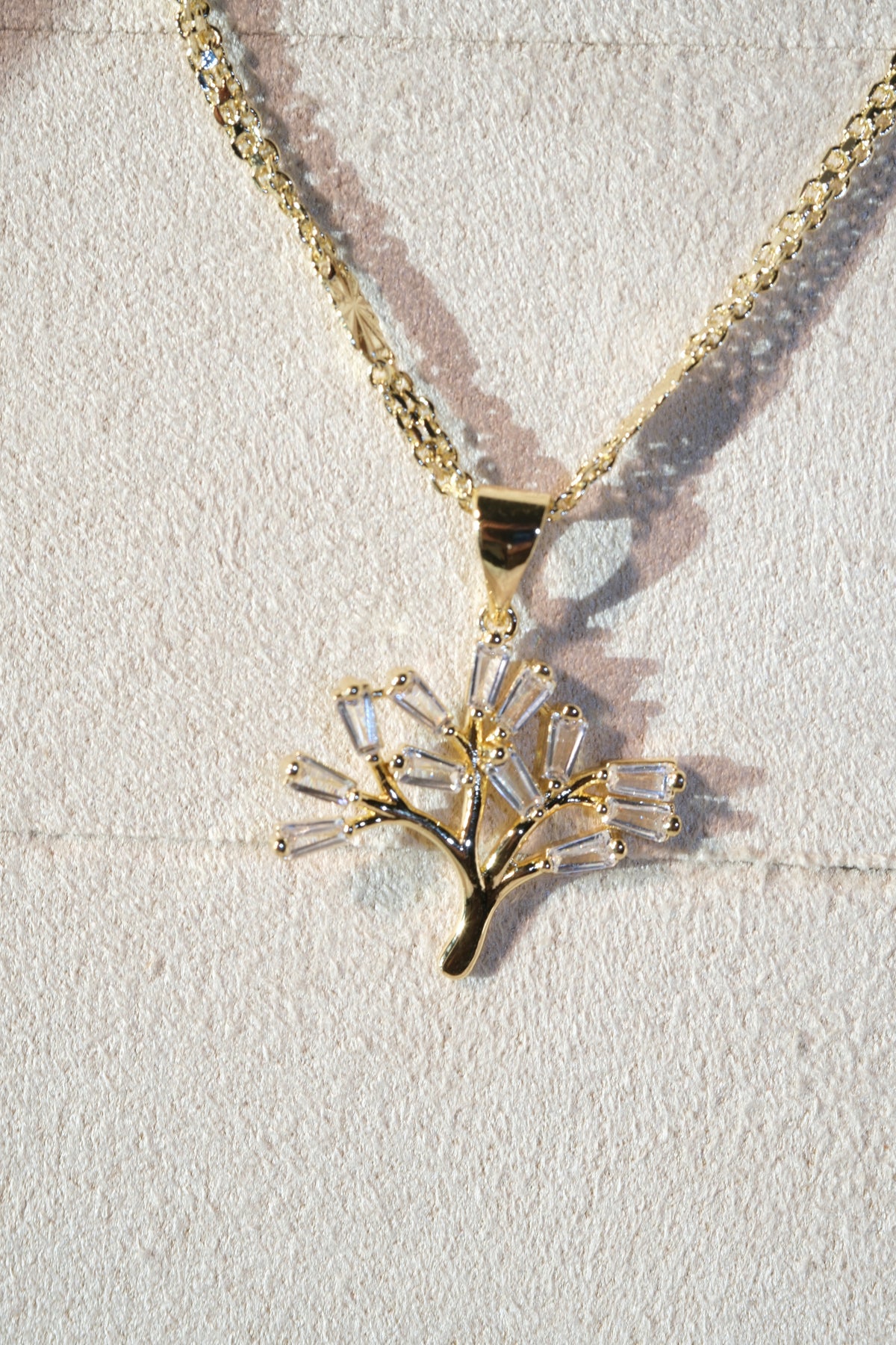 Baguette CZ Tree Pendant — Gold — edited real-life photo