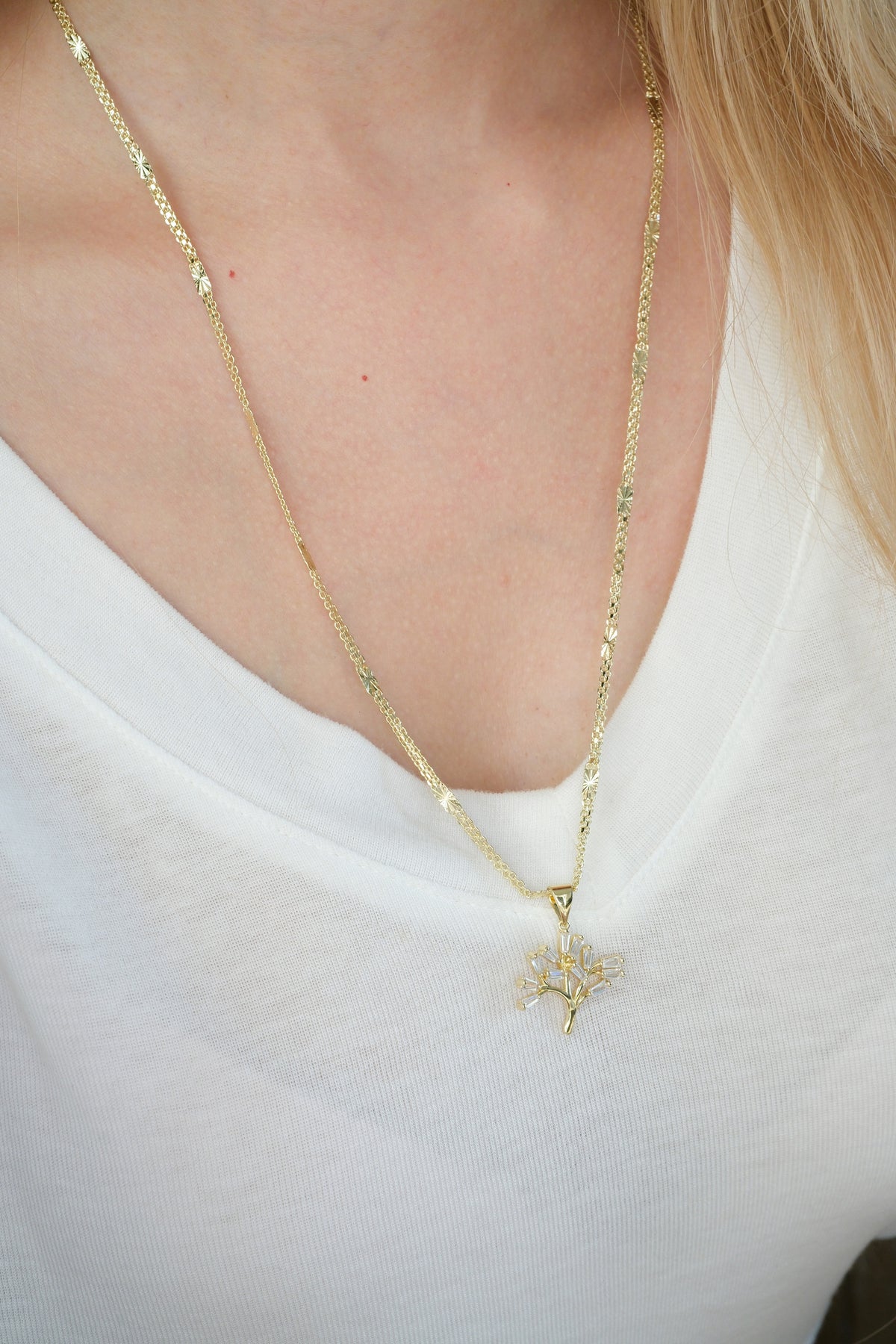 Baguette CZ Tree Pendant — Gold — edited real-life photo