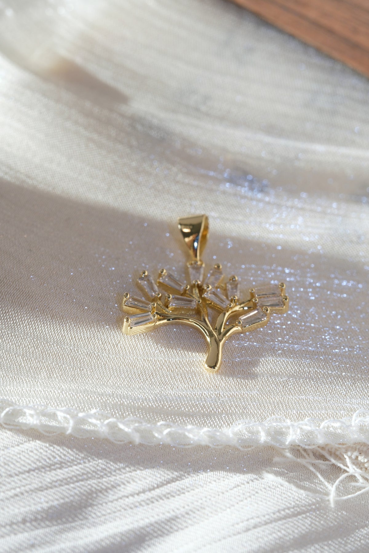 Baguette CZ Tree Pendant — Gold — edited real-life photo