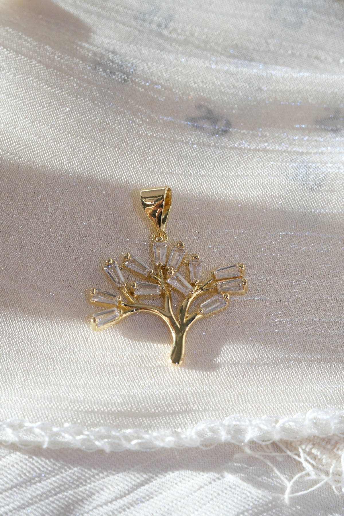 Baguette CZ Tree Pendant — Gold — edited real-life photo