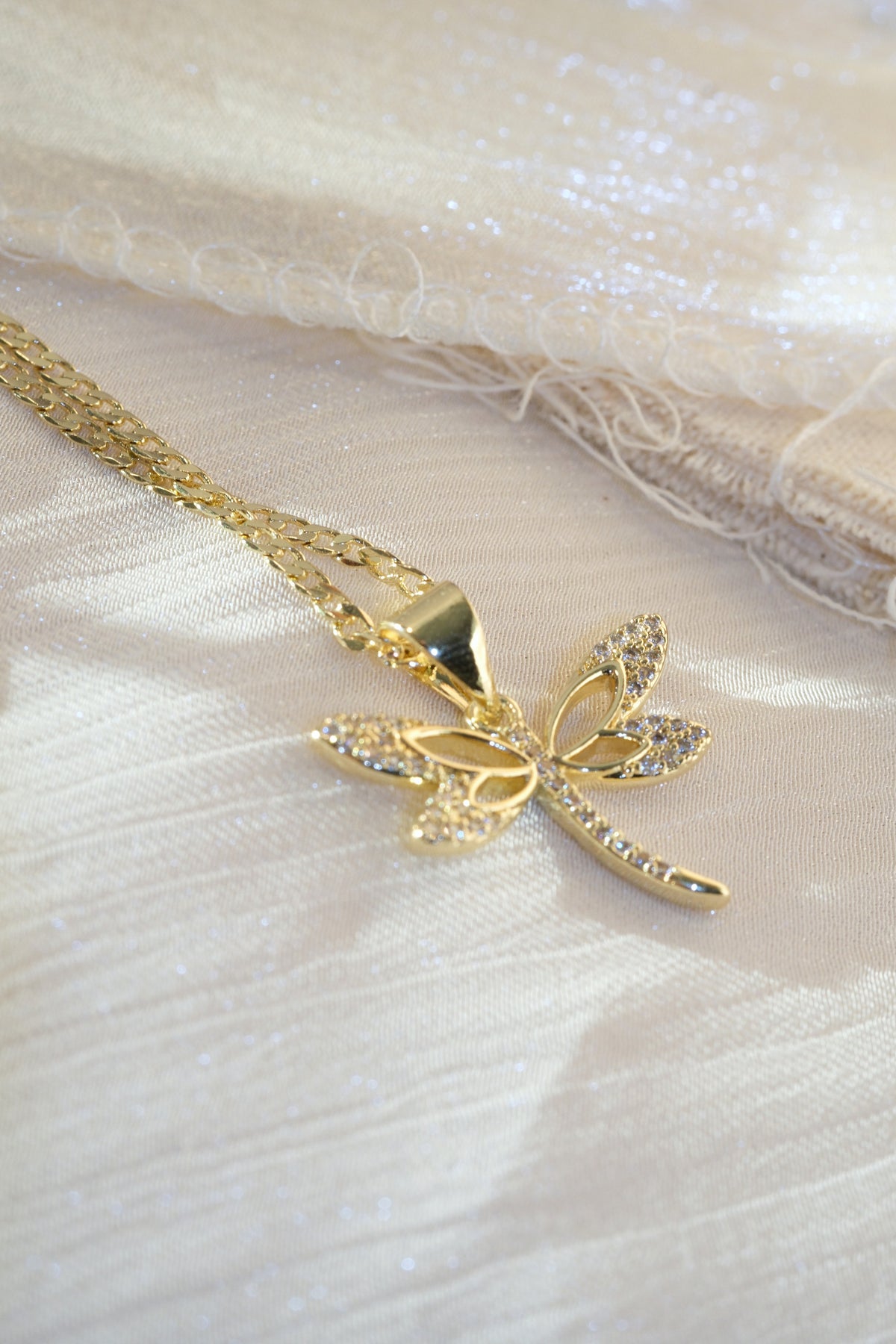 Dragonfly Pendant — Gold — edited real-life photo