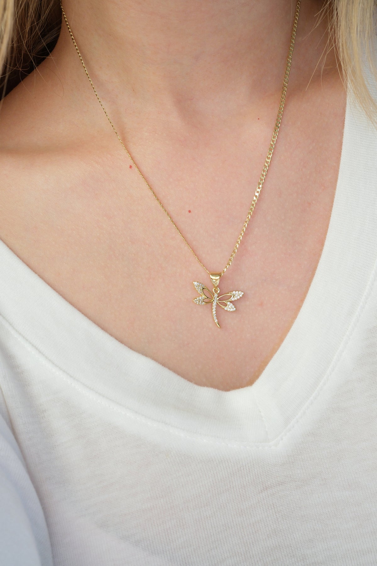 Dragonfly Pendant — Gold — edited real-life photo