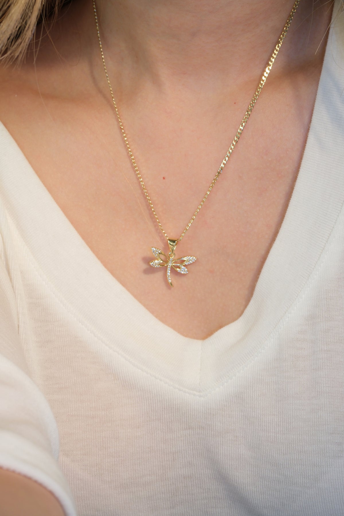 Dragonfly Pendant — Gold — edited real-life photo
