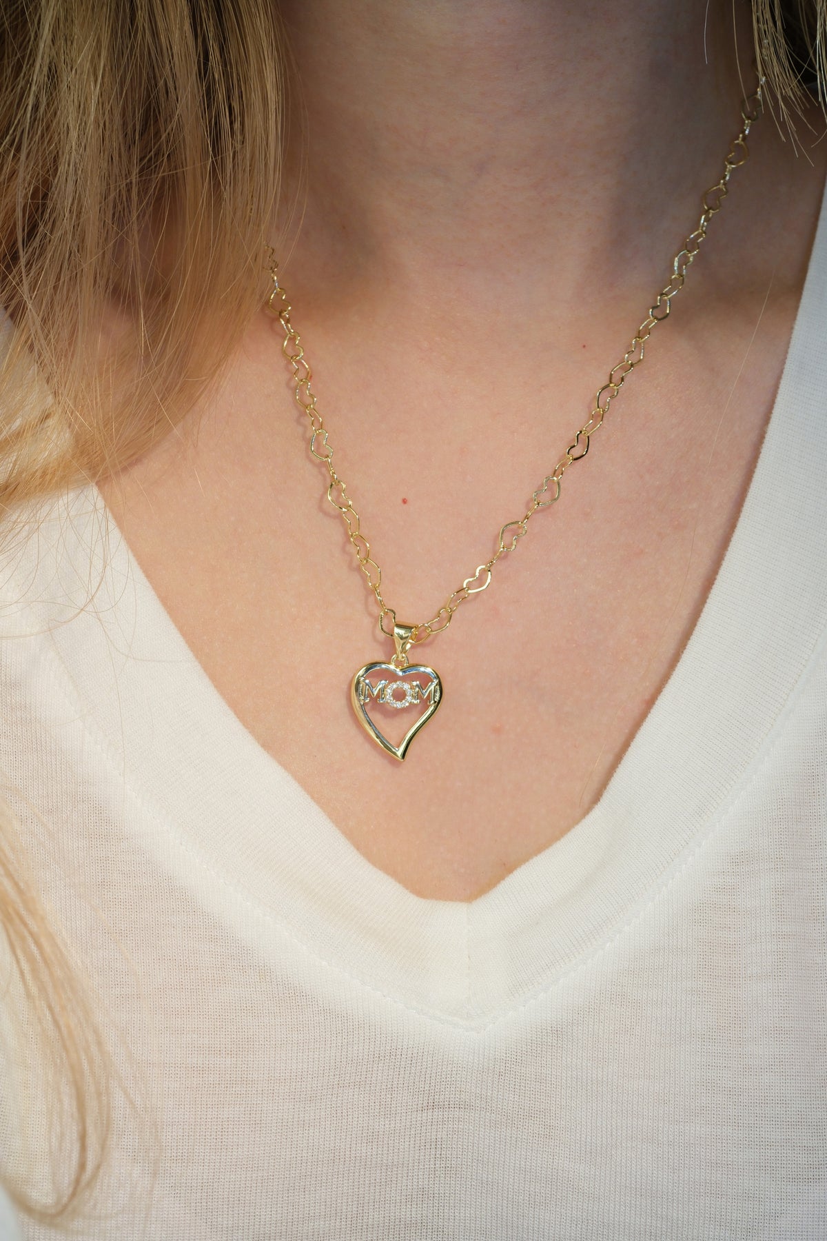 Mom Heart Pendant — Gold — edited real-life photo