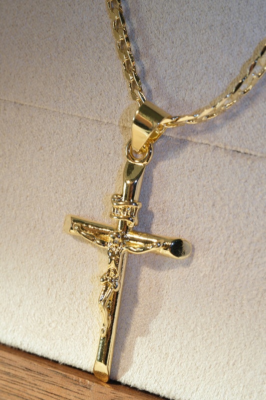 Long Crucifix Pendant — Gold — edited real-life photo