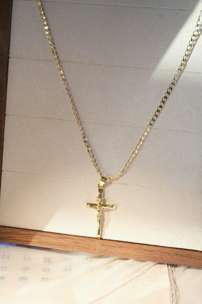 Long Crucifix Pendant — Gold — edited real-life photo