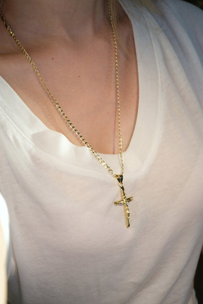 Long Crucifix Pendant — Gold — edited real-life photo