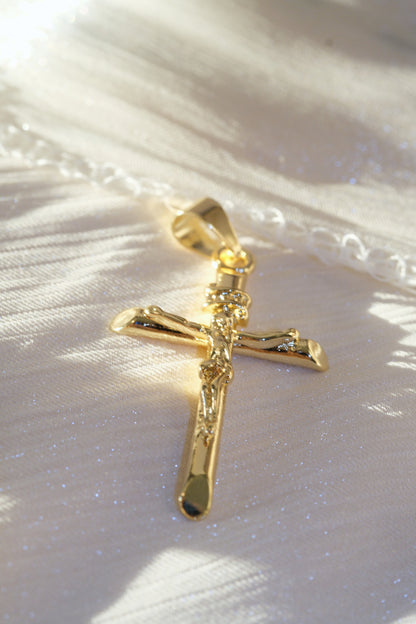 Long Crucifix Pendant — Gold — edited real-life photo