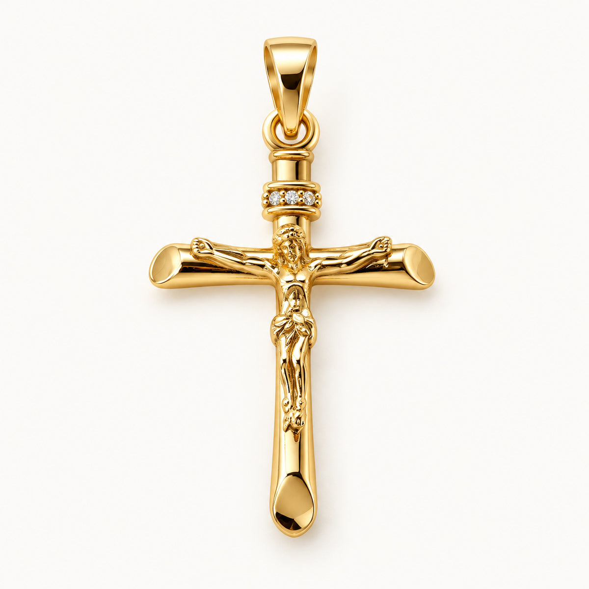 Long Crucifix Pendant — Gold — white background
