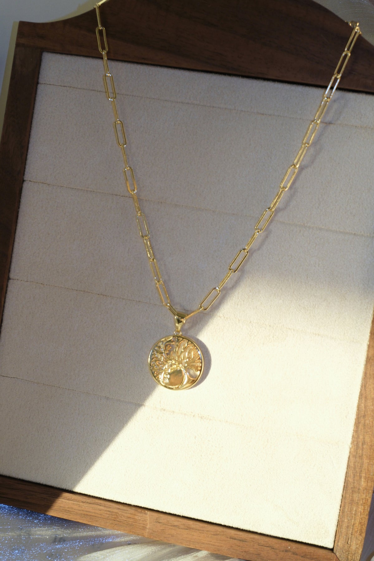 Tree Medallion Pendant — Gold — edited real-life photo