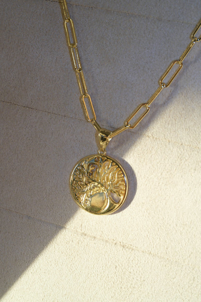 Tree Medallion Pendant — Gold — edited real-life photo
