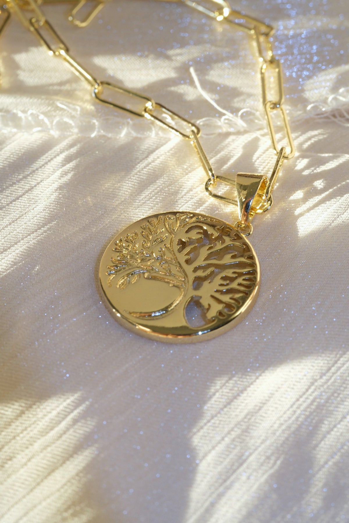 Tree Medallion Pendant — Gold — edited real-life photo