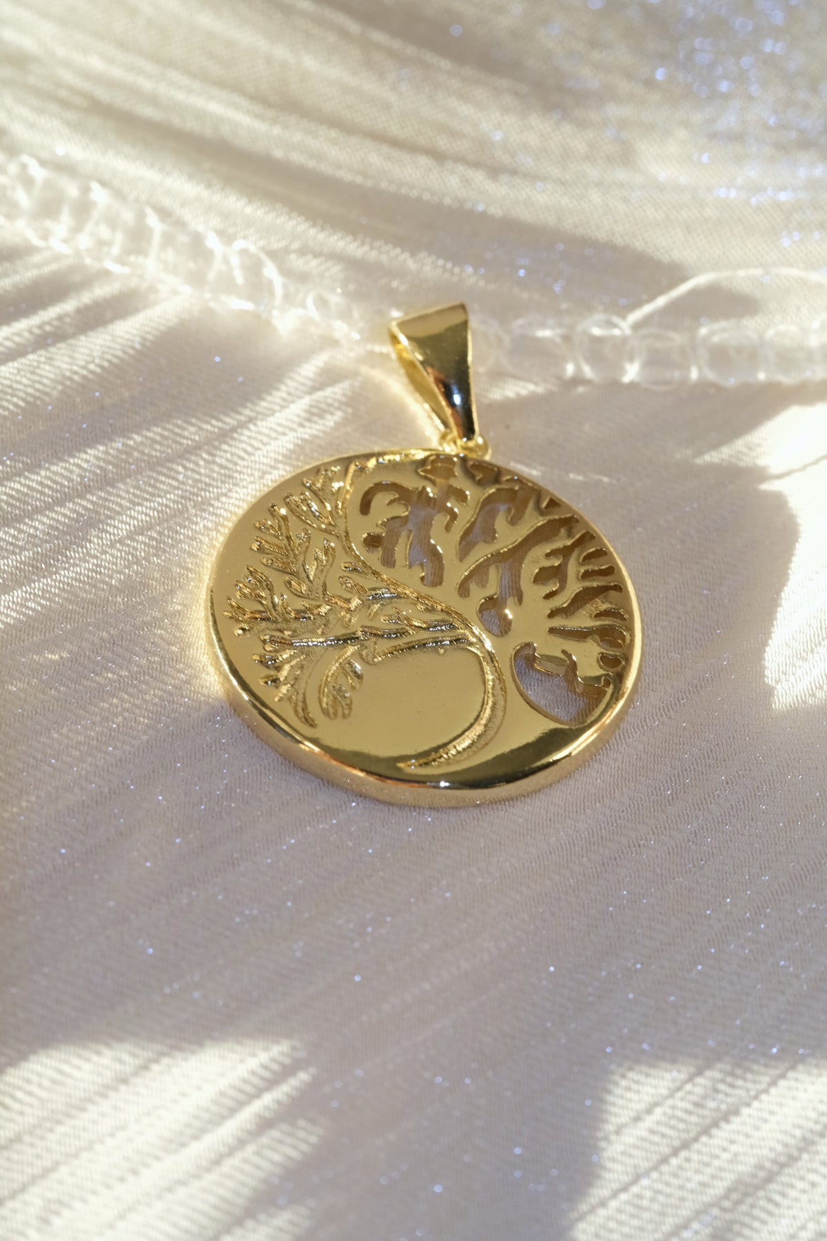 Tree Medallion Pendant — Gold — edited real-life photo