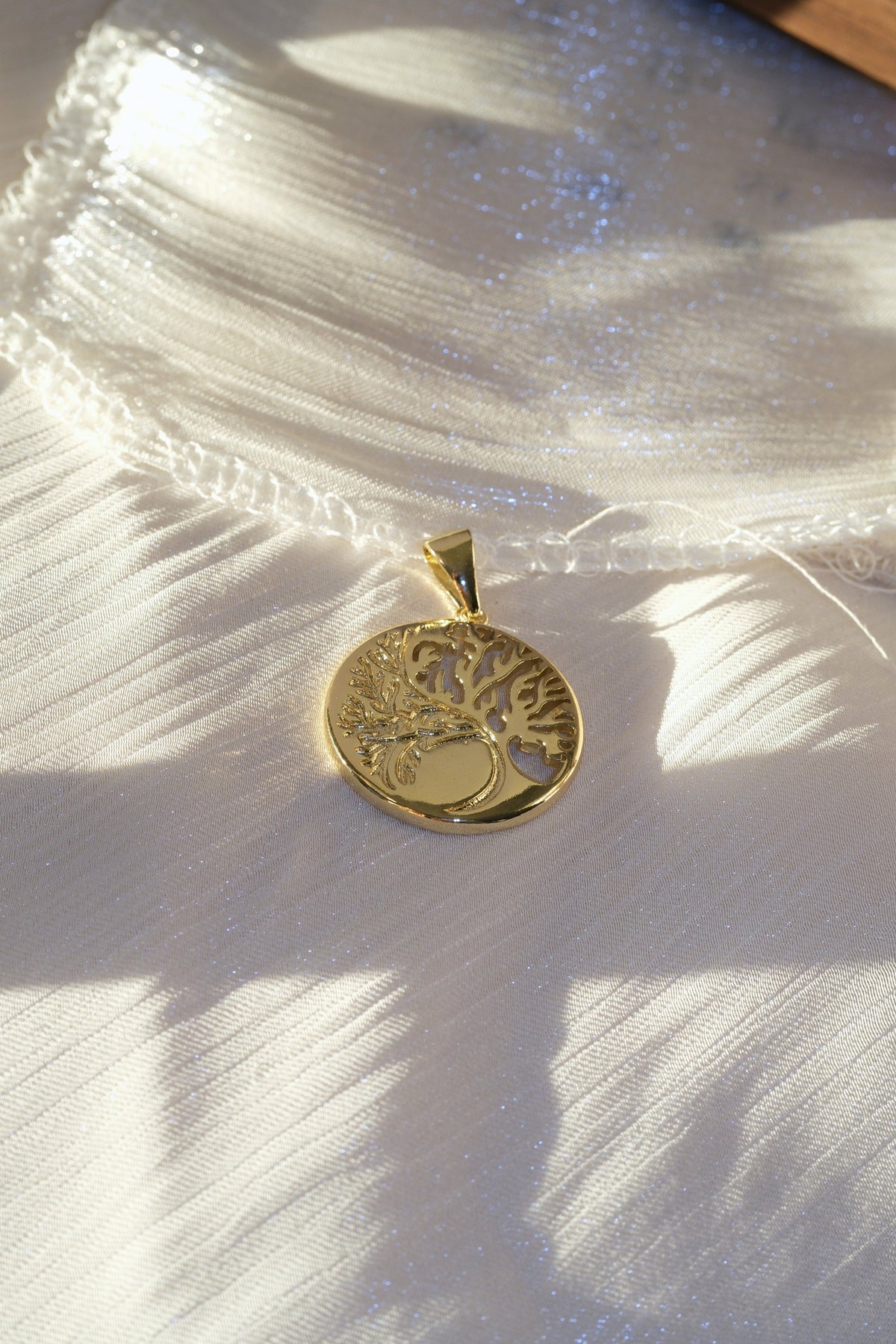 Tree Medallion Pendant — Gold — edited real-life photo