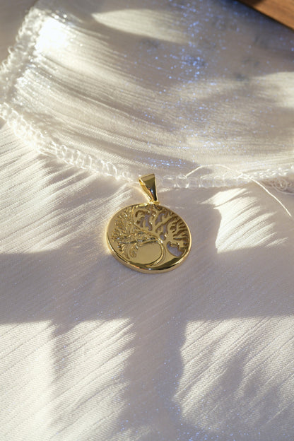 Tree Medallion Pendant — Gold — edited real-life photo