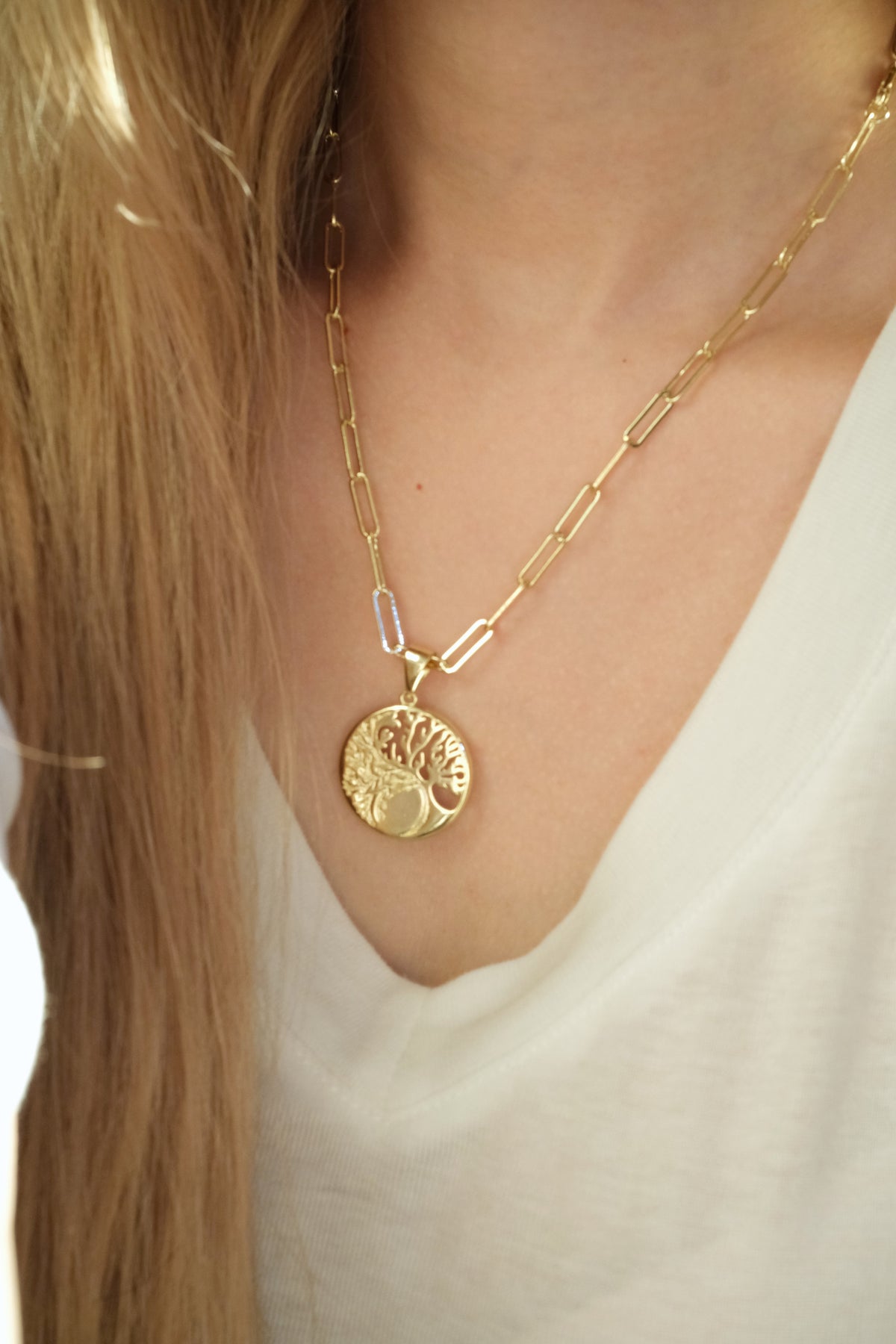 Tree Medallion Pendant — Gold — edited real-life photo