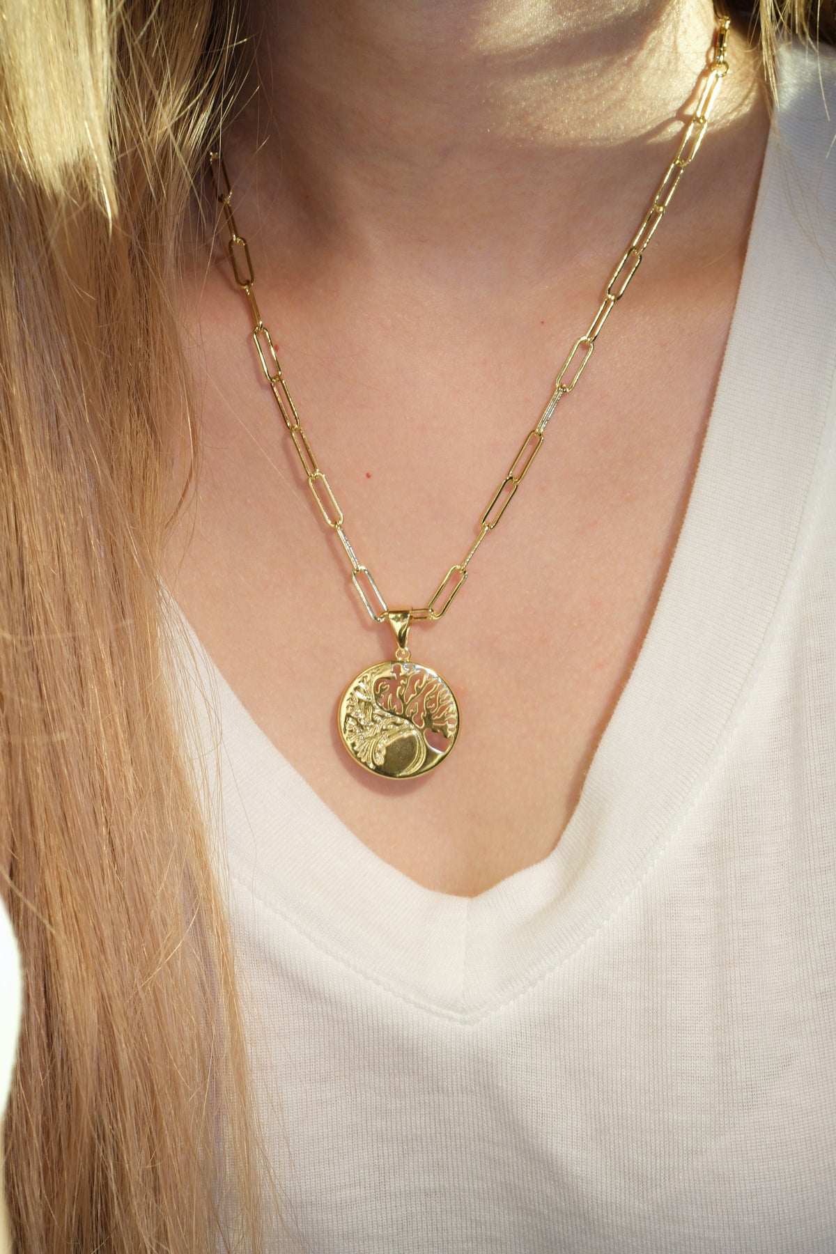 Tree Medallion Pendant — Gold — edited real-life photo