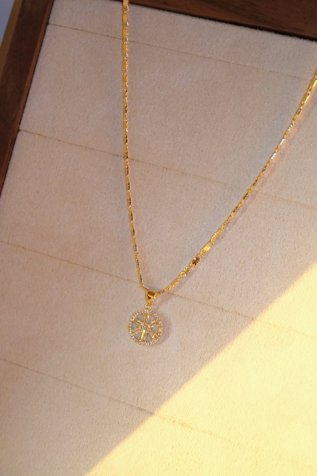 Openwork Round Pendant — Gold — edited real-life photo