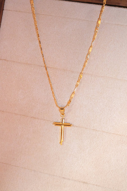 Slim Polished Cross Pendant — Gold — edited real-life photo