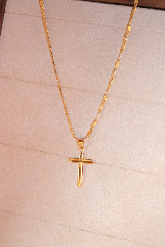 Slim Polished Cross Pendant — Gold — edited real-life photo