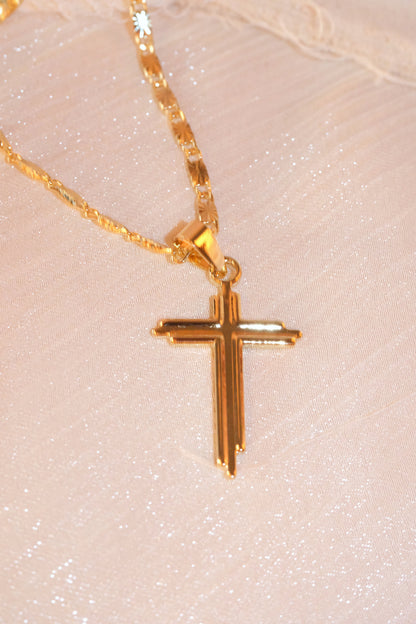 Slim Polished Cross Pendant — Gold — edited real-life photo