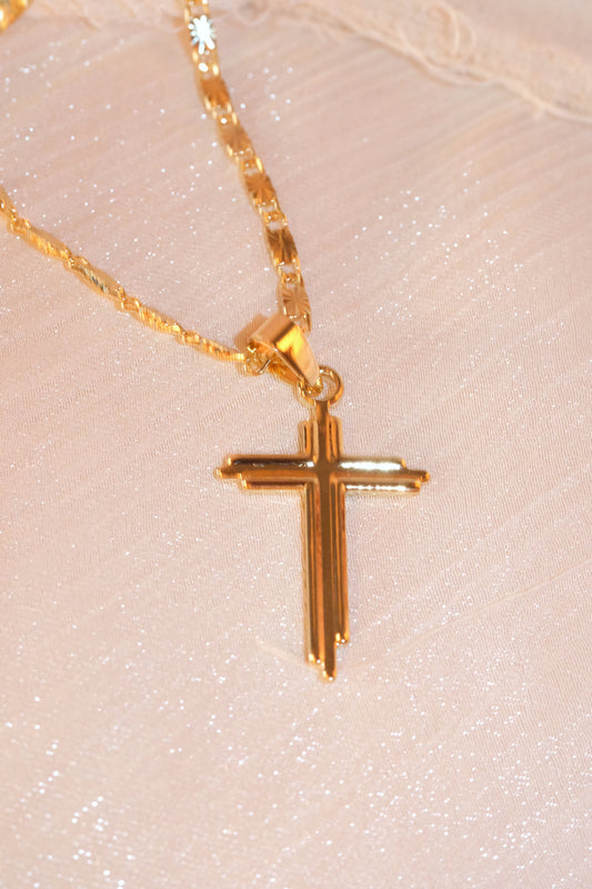 Slim Polished Cross Pendant — Gold — edited real-life photo