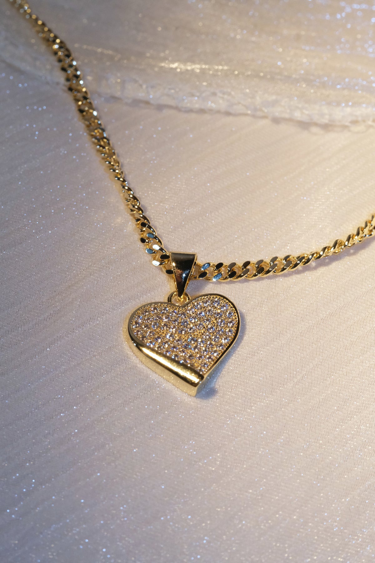 Pave Heart Border Pendant — Gold — edited real-life photo