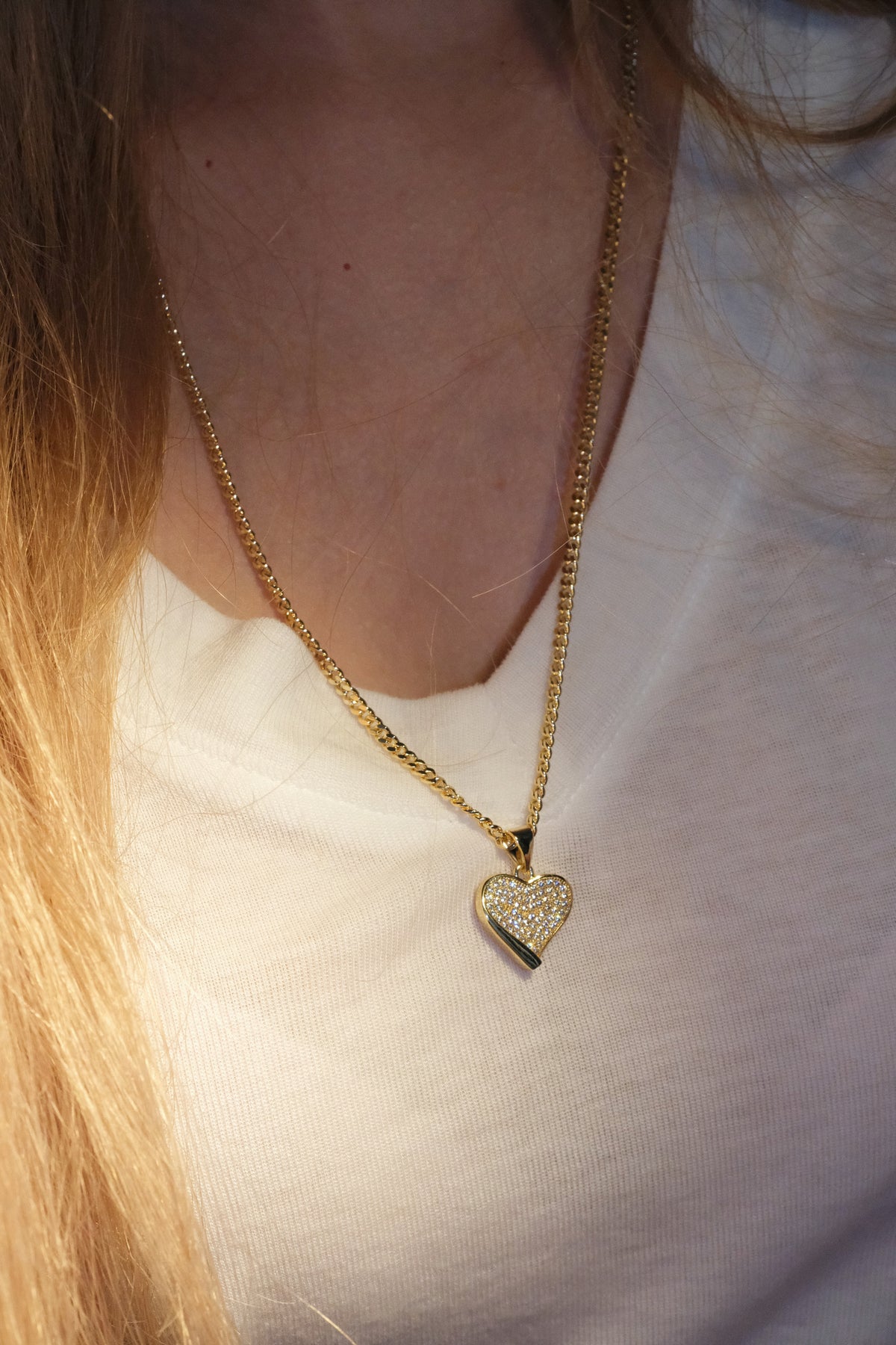 Pave Heart Border Pendant — Gold — edited real-life photo