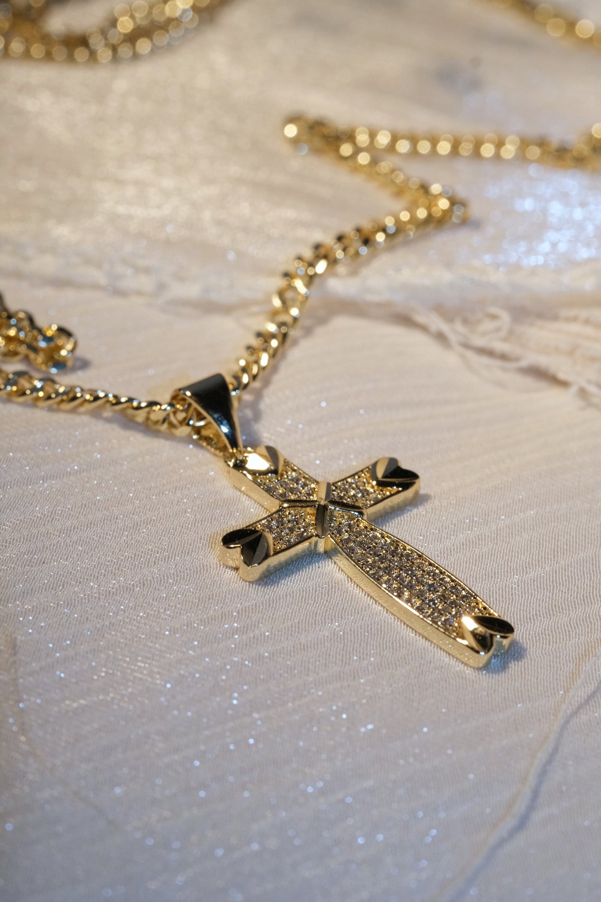 Shield Cross Pendant — Gold — edited real-life photo