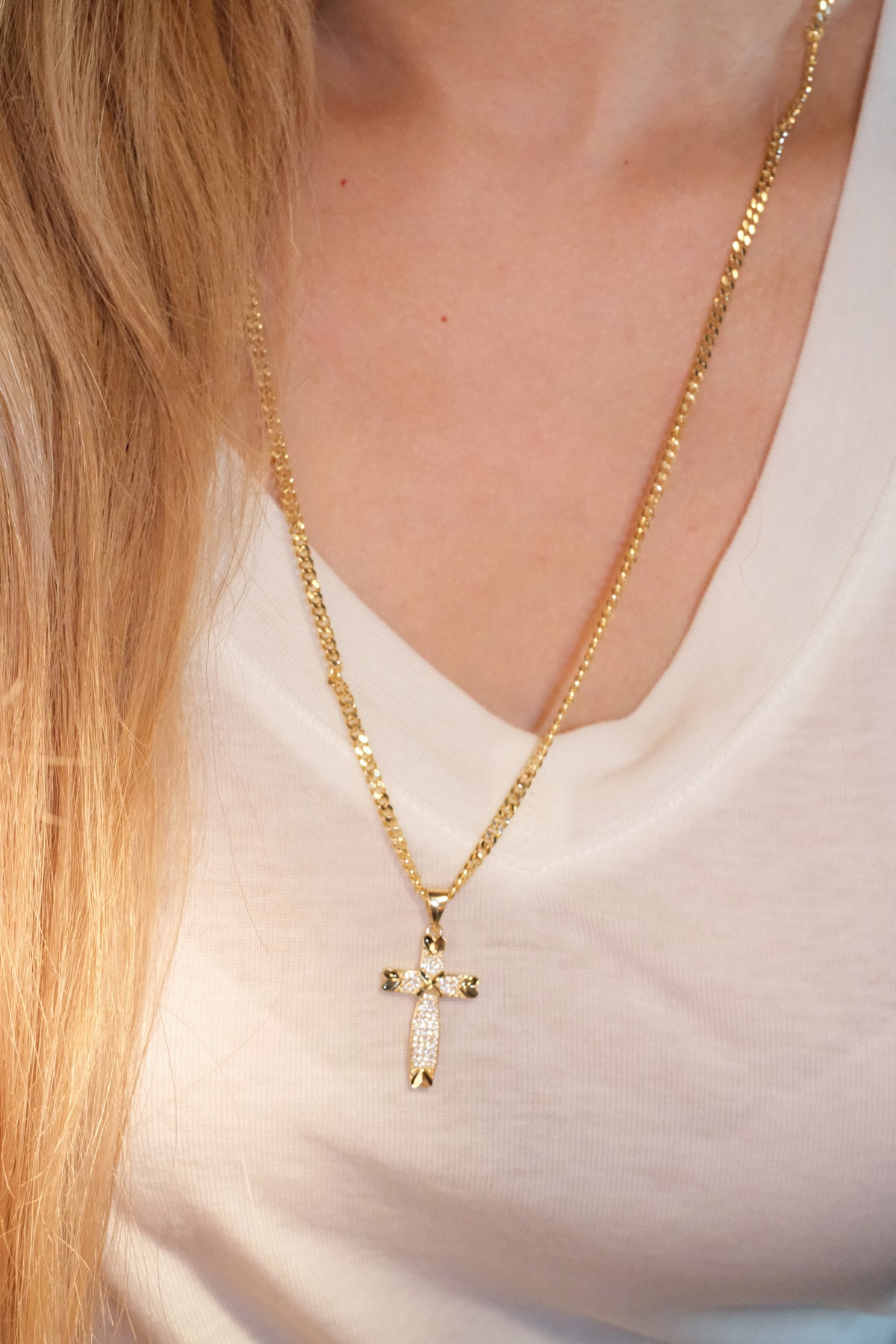 Shield Cross Pendant — Gold — edited real-life photo