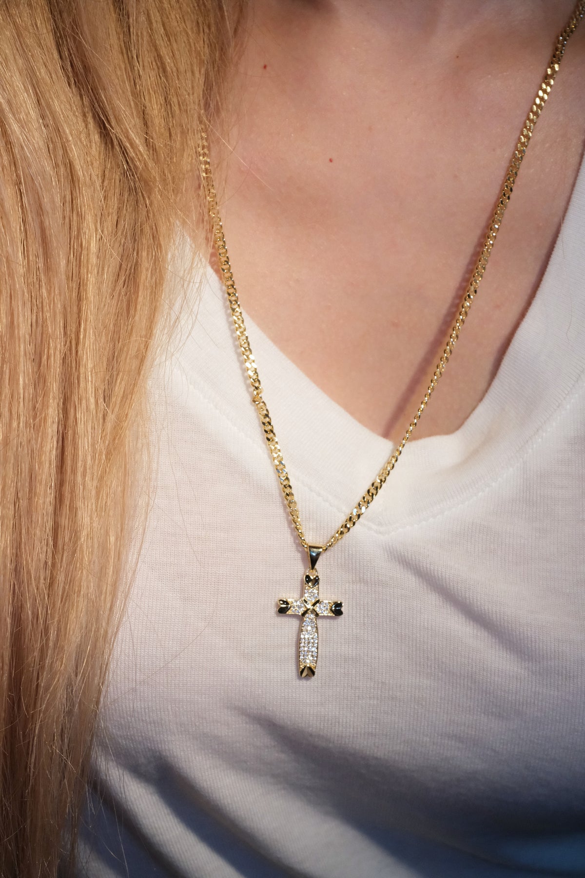 Shield Cross Pendant — Gold — edited real-life photo