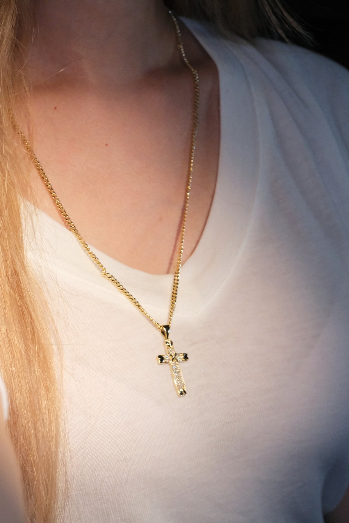 Shield Cross Pendant — Gold — edited real-life photo