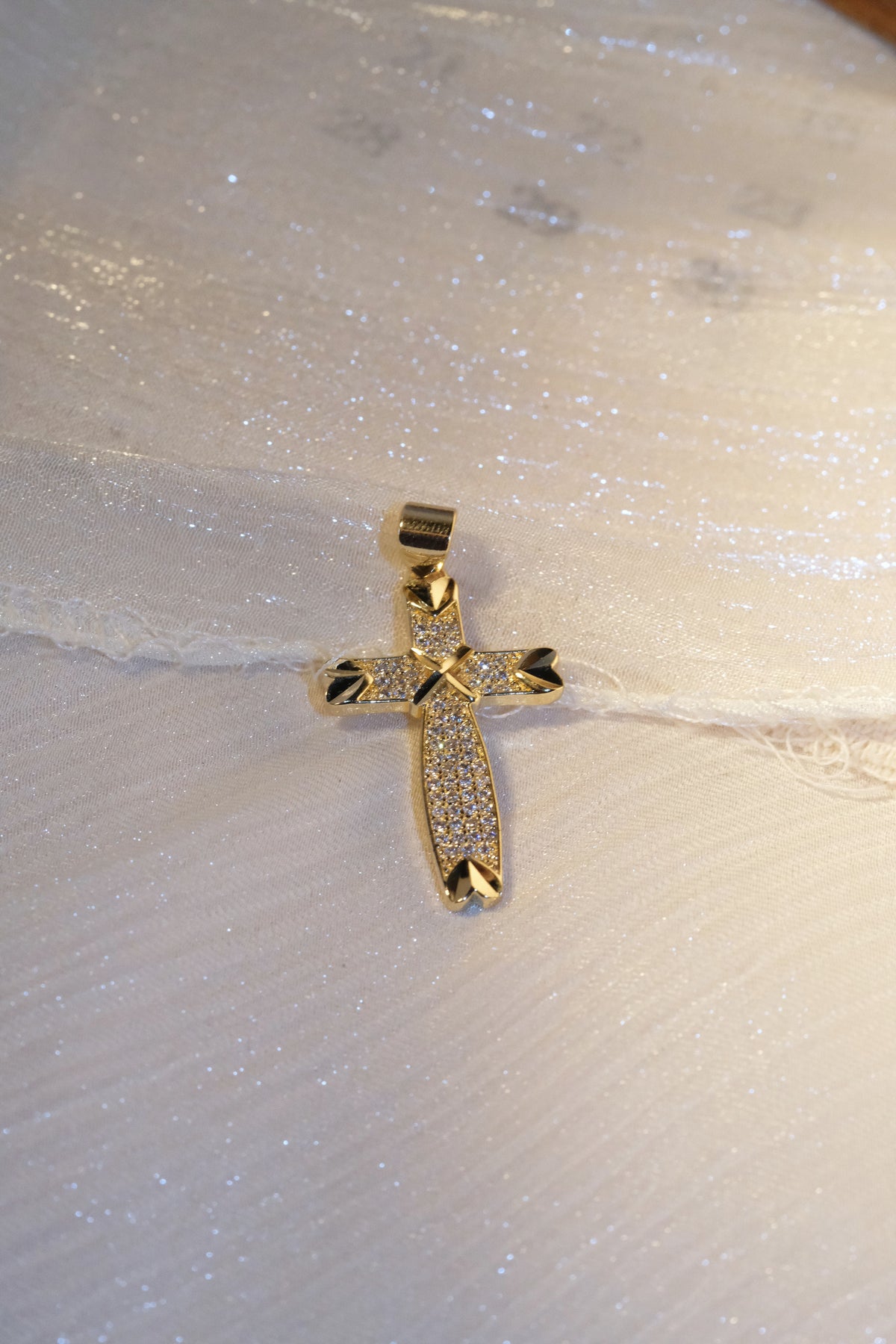 Shield Cross Pendant — Gold — edited real-life photo