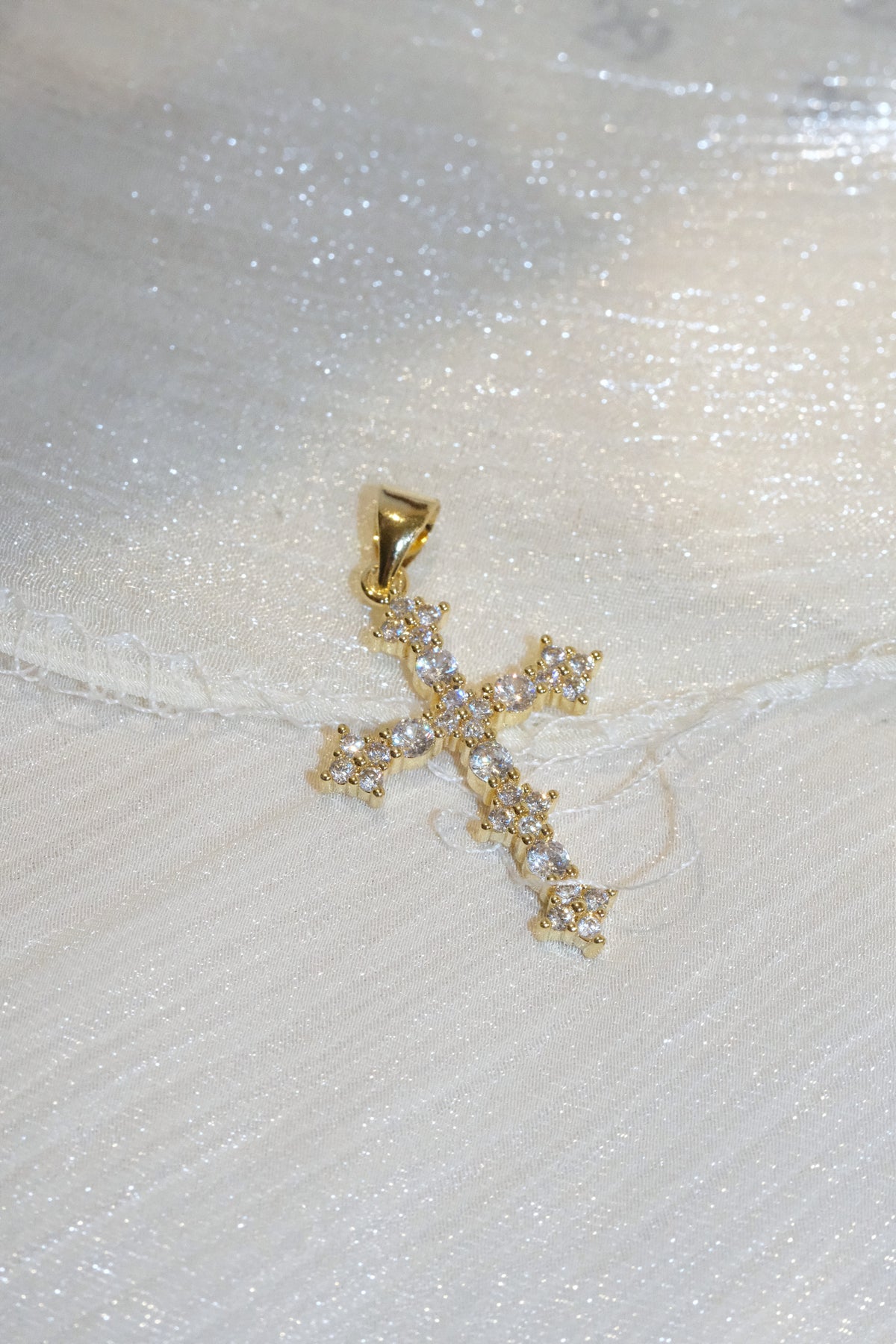 Cluster Stone Cross Pendant — Gold — edited real-life photo