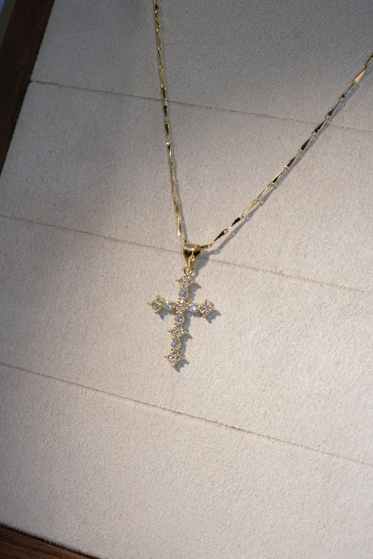 Cluster Stone Cross Pendant — Gold — edited real-life photo