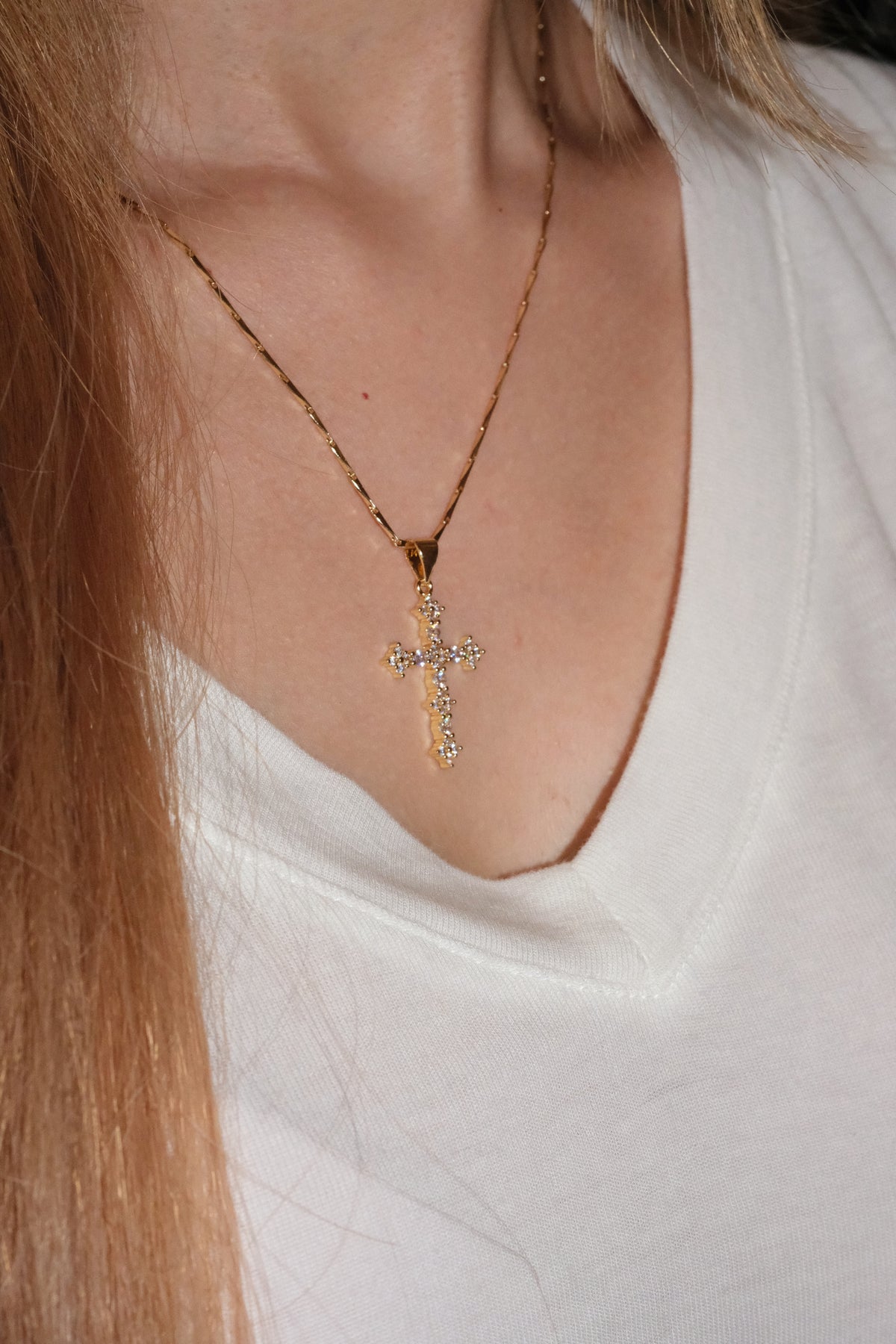 Cluster Stone Cross Pendant — Gold — edited real-life photo