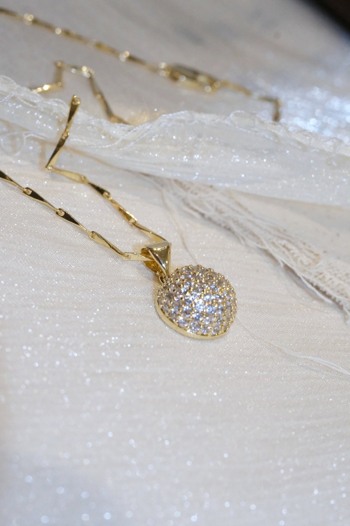 Round Pave Disc Pendant — Gold — edited real-life photo
