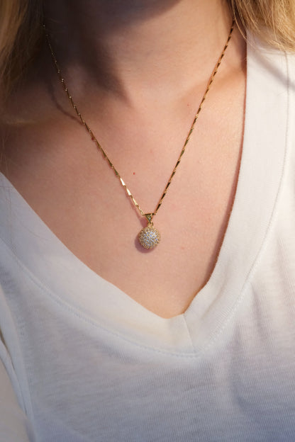 Round Pave Disc Pendant — Gold — edited real-life photo
