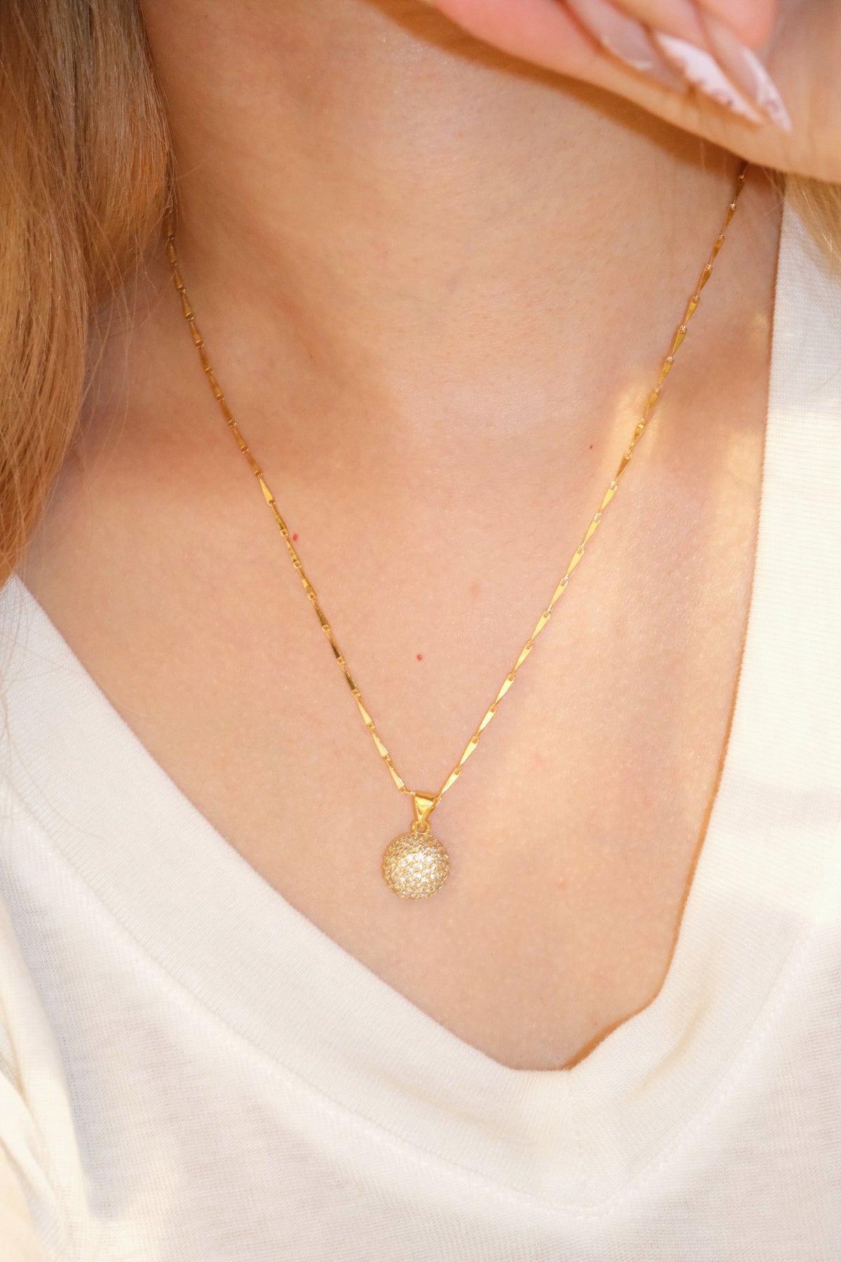 Round Pave Disc Pendant — Gold — edited real-life photo