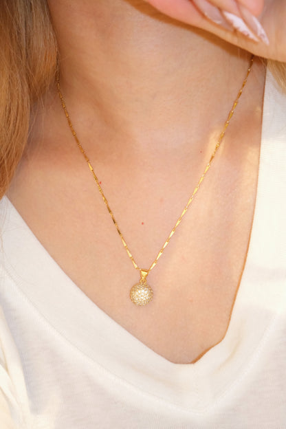 Round Pave Disc Pendant — Gold — edited real-life photo