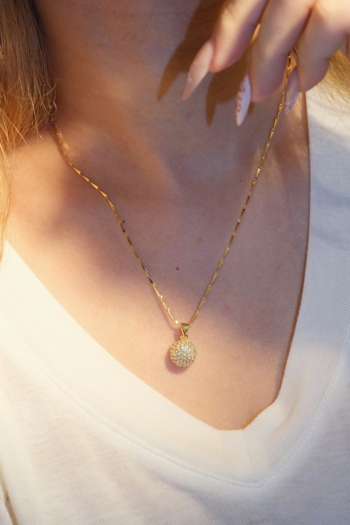 Round Pave Disc Pendant — Gold — edited real-life photo