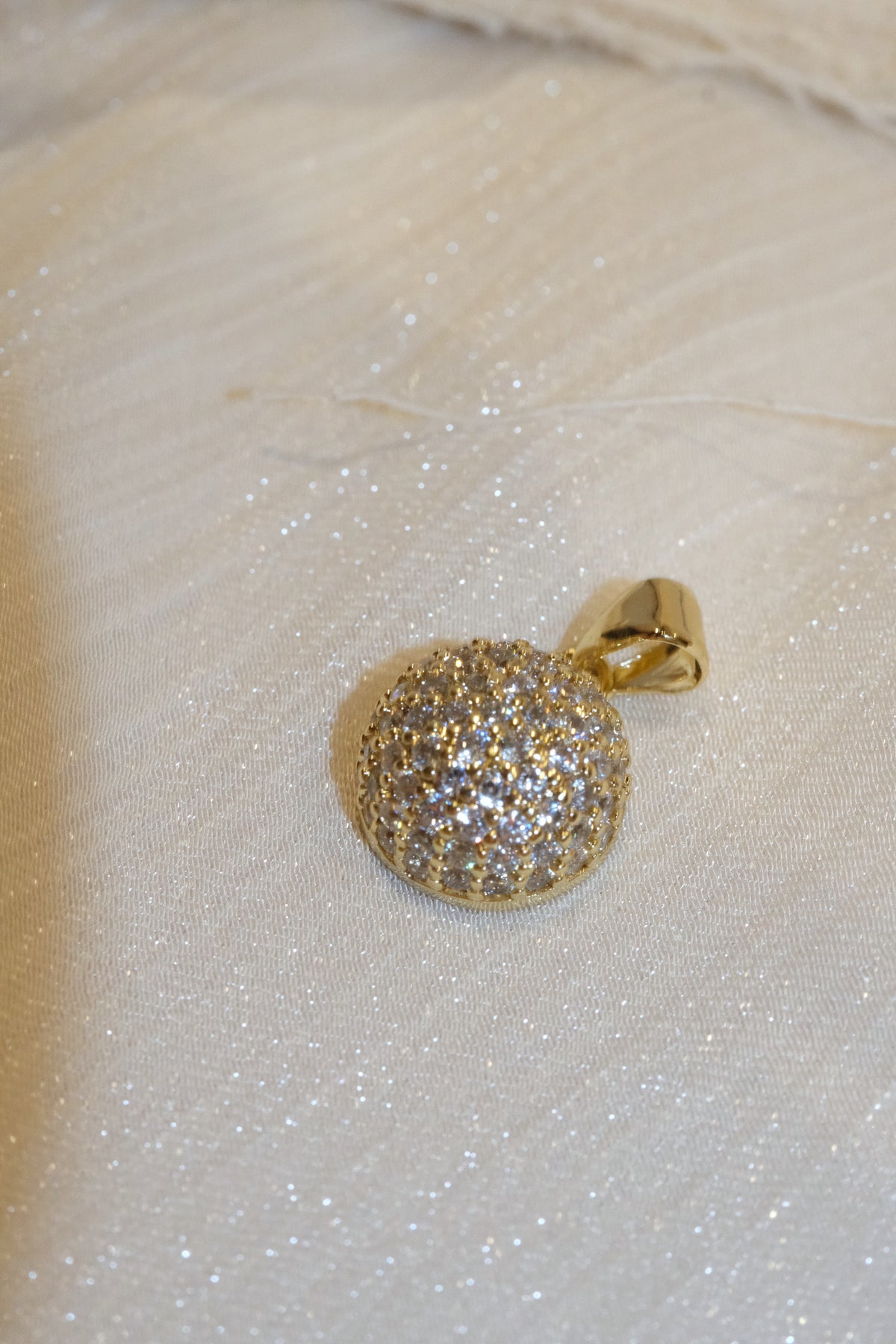 Round Pave Disc Pendant — Gold — edited real-life photo