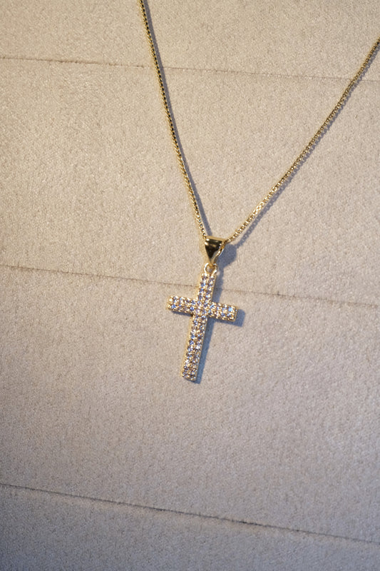 Slim Pavé Cross Pendant — Gold — edited real-life photo
