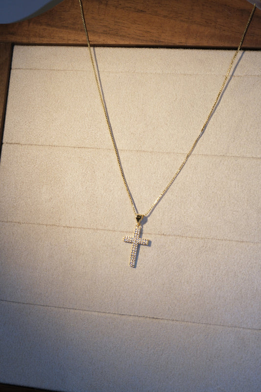 Slim Pavé Cross Pendant — Gold — edited real-life photo